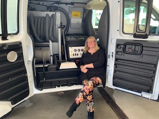 April Weygand owner of April Fresh Cleaning, Inc, Gansevoort, New York. April recently took delivery of her new Butler System Truck mount and van at our factory